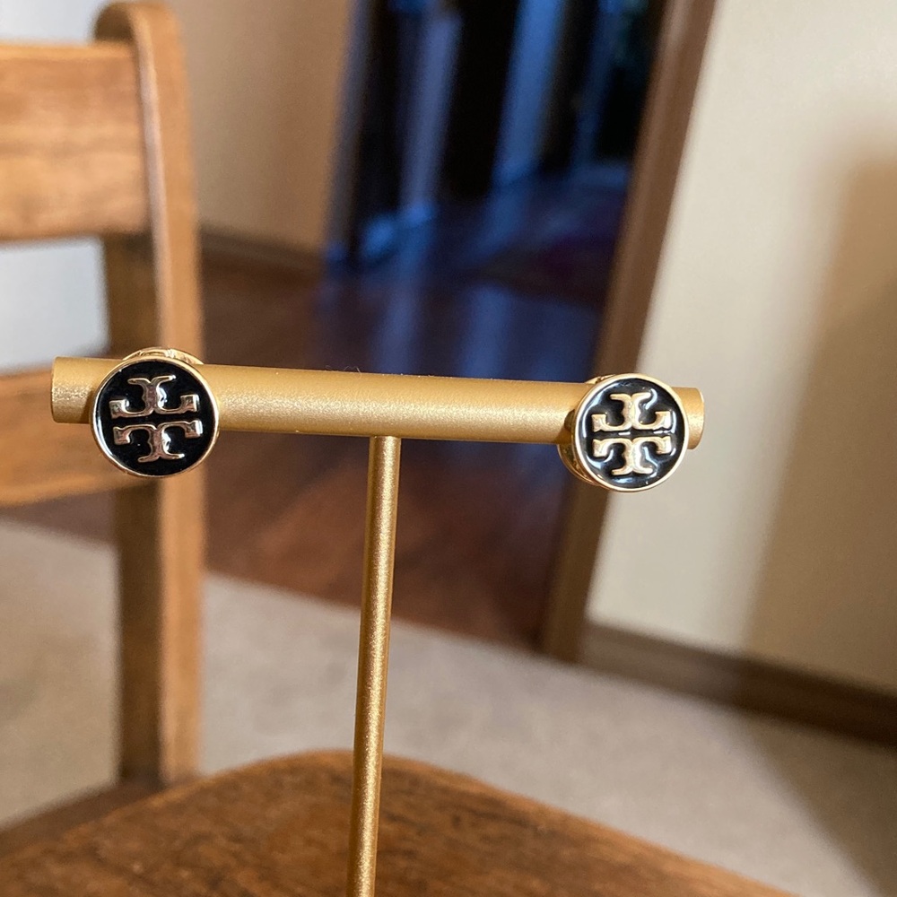 Tory Burch Reversible Black Enamel/Gold Tone w/Crystals Earrings NWOT - Picture 3 of 7